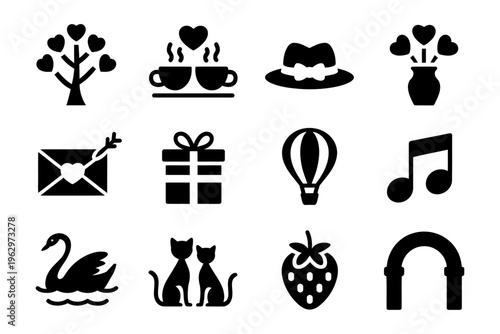 Vector featuring a variety of love-themed icons including hearts, animals, gifts, and symbols of romance