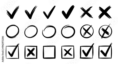 Set of hand-drawn vector check marks and crosses in circles and squares for design use