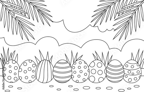 Vector featuring decorated easter eggs lined up in grass with palm fronds and clouds above