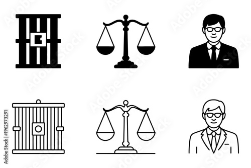 Vector showing prison cells, scales of justice and lawyers in professional attire