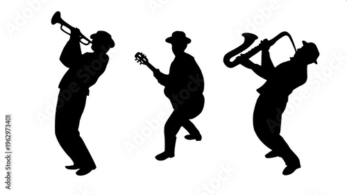 Minimalist jazz musician silhouette, playing saxophone, elegant pose, solid black shape, isolated on light background, modern flat design, sharp details