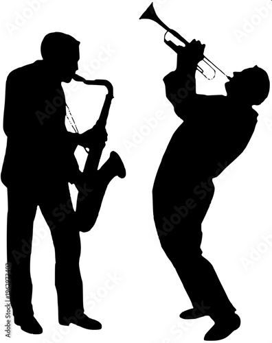 Minimalist jazz musician silhouette, playing saxophone, elegant pose, solid black shape, isolated on light background, modern flat design, sharp details
