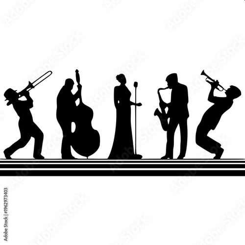 Minimalist jazz musician silhouette, playing saxophone, elegant pose, solid black shape, isolated on light background, modern flat design, sharp details