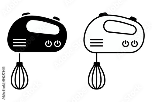 Vector of two handheld electric mixers with whisk attachments and power buttons