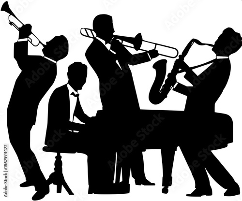 Minimalist jazz musician silhouette, playing saxophone, elegant pose, solid black shape, isolated on light background, modern flat design, sharp details