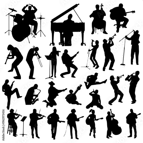 Minimalist jazz musician silhouette, playing saxophone, elegant pose, solid black shape, isolated on light background, modern flat design, sharp details