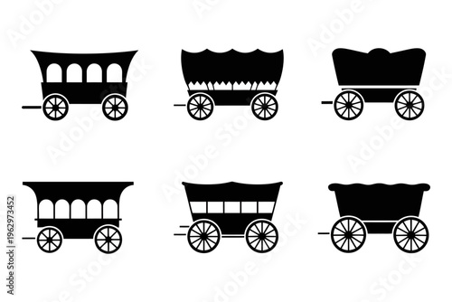Vector showcasing six different styles of covered wagons with large wheels in