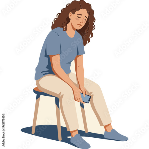 A woman sits on a stool looking down at her phone with sadness.