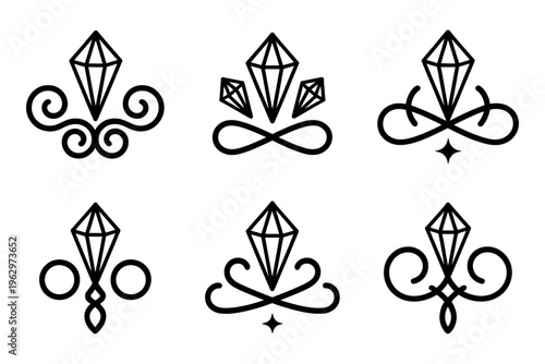 Set of geometric vectors featuring diamond shapes and elegant swirls in a minimalist style