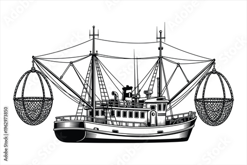 Fishing Boats Vector Art with net