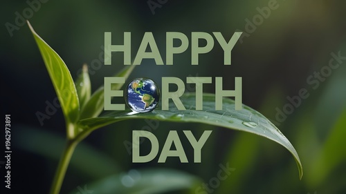 Happy earth day with a small globe on a green leaf in nature