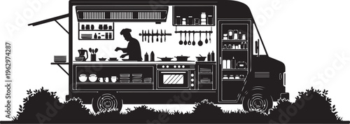 Black silhouette food truck with chef cooking inside