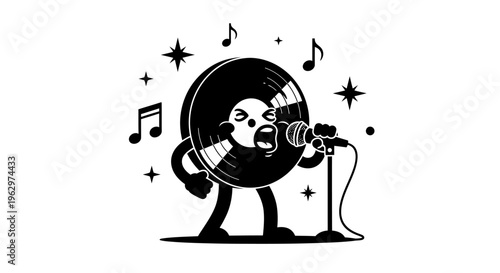 Vintage Vinyl Record Character Singing into Microphone.