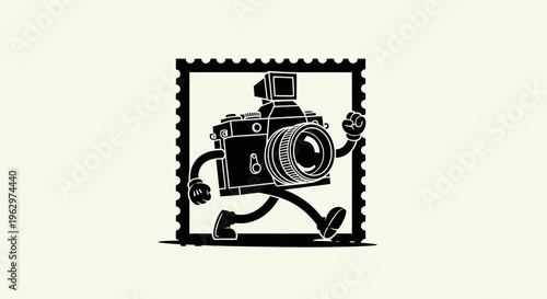 Anthropomorphic Camera Character in Stamp Frame.