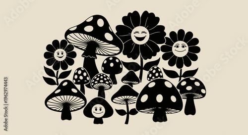 Whimsical Black and White Mushroom and Flower Illustrations.