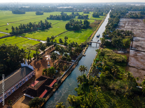 Alappuzha Agricultural Landscape Aerial View,drone shot of alleppy Green Fields Canal Network
