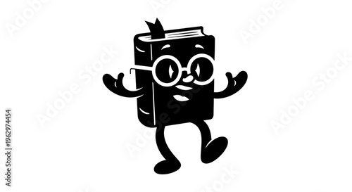 Anthropomorphic book character with glasses and bookmark.