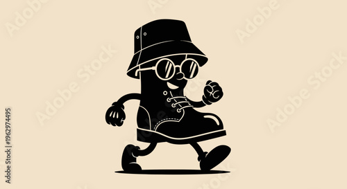 Cartoon black boot character walking happily.