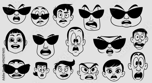 Collection of Diverse Cartoon Faces Expressing Various Emotions.