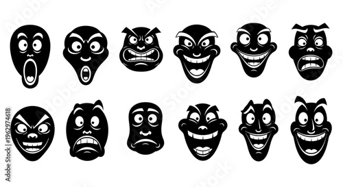 Collection of Silhouetted Expressive Faces with Various Emotions.