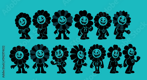 Collection of smiling flower characters in a repeating pattern.