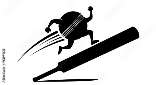 Cricket Ball Character Riding a Bat in Dynamic Action.
