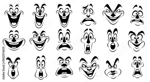 Collection of expressive cartoon faces with various emotions.