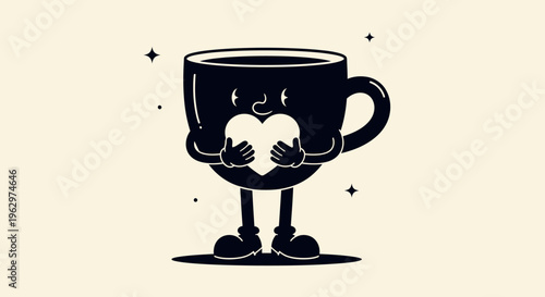 Cute anthropomorphic coffee cup holding a heart.