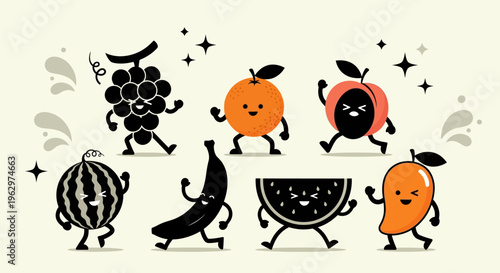 Cute anthropomorphic fruits dancing and having fun together.