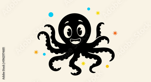 Cute Black Octopus Character with Big Eyes and Tentacles.