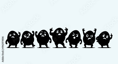 Group of Silhouetted Angry Egg Characters Expressing Emotions.