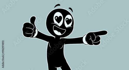 Happy Cartoon Character Giving Thumbs Up and Pointing.