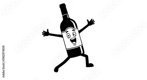 Happy cartoon wine bottle character dancing with joy.