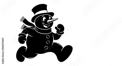 Happy Snowman Running with Scarf and Top Hat.