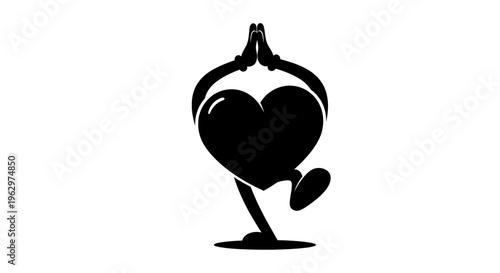 Heart Character Performing Yoga Tree Pose Silhouette.