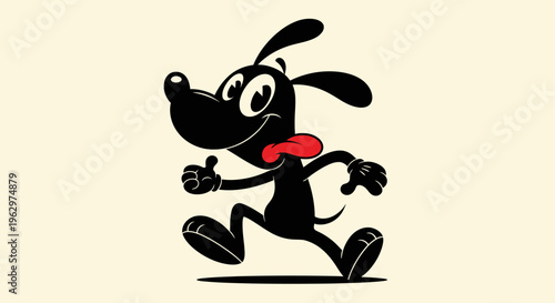 Retro cartoon black dog running happily with tongue out.