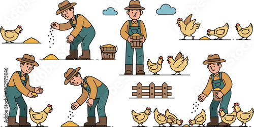 Farmer Feeding Chickens Vector Set Featuring Various Poses with Animal Interaction and Farm Elements