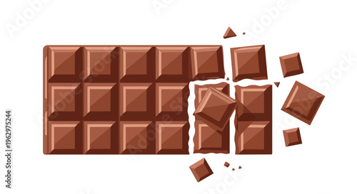 A rich illustration of a chocolate bar meticulously crafted with individual squares and some deliciously broken pieces, perfect for a delightful