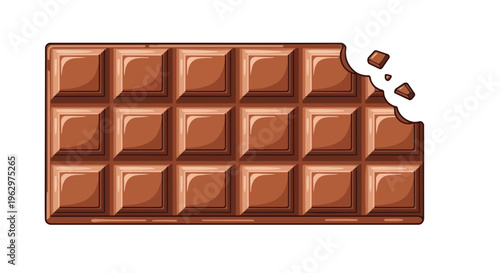 Vibrant illustration of a cocoa delight, a segmented chocolate bar with a corner bite taken.