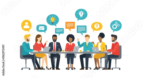 A dynamic illustration showcasing a diverse team of professionals engaging in a collaborative business meeting, actively brainstorming new ideas and
