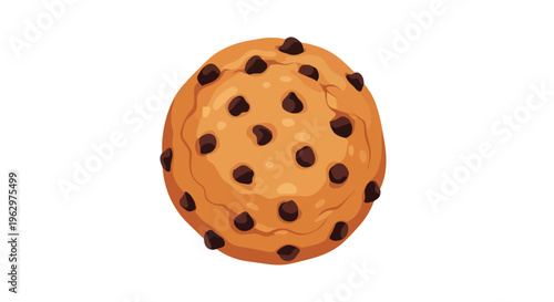 Cartoon chocolate chip cookie with dark chocolate chips isolated on clean white background ideal for sweet treats and appealing food graphic design.