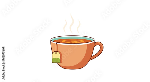 Warm steaming beverage illustration. Inviting cup of freshly brewed herbal tea with teabag. Perfect for cozy relaxation, peaceful moments, and