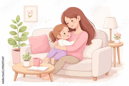 Tender moment of a loving mother embracing her sweet daughter on a cozy living room sofa, symbolizing family bonding, warmth, and affectionate connection in a peaceful home setting