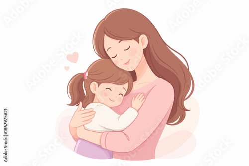 Heartwarming illustration depicting a loving mother tenderly embracing her happy daughter, radiating pure joy and celebrating the beautiful bond of family love in a soft pastel style