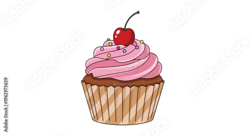 Charming individual sweet dessert illustration showcasing delightful pink frosting, playful multi-colored sprinkles, and a glistening red cherry