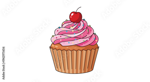 A vibrant cartoon cupcake featuring fluffy pink frosting, colorful sprinkles, and a glistening red cherry on top, signifying celebration and sweet