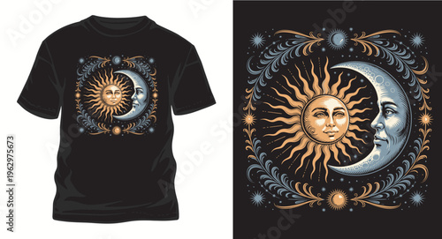 Sun and moon celestial faces with vintage floral border t-shirt design