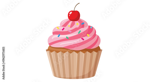 A delightful single pink frosted cupcake adorned with colorful sprinkles and a bright red cherry illustration
