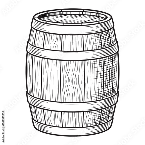 Traditional wooden oak barrel with metal hoops vintage sketch