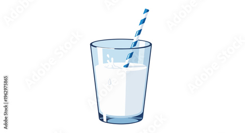 A pristine glass holding a creamy white beverage featuring a lively blue and white striped straw capturing a dynamic splash a wholesome refreshment